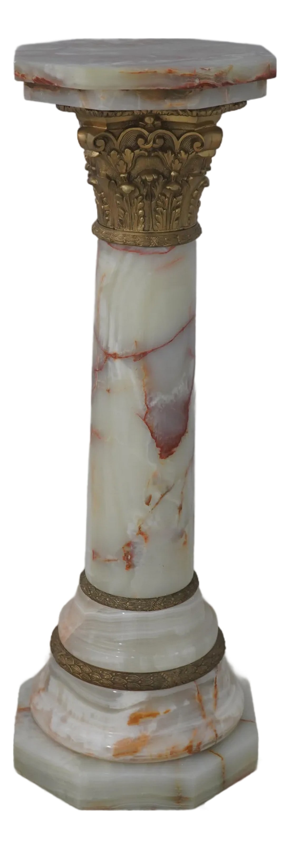 Onyx Marble French Empire Style Column Pedestal: Age: Approx. 100 Years Old Details: 5 Piece Marble w. Quality Bronze Work High Quality Construction Can Easily Be Disassembled Each Section Is Separate & Not Secured To Each Other Condition: Excellent
