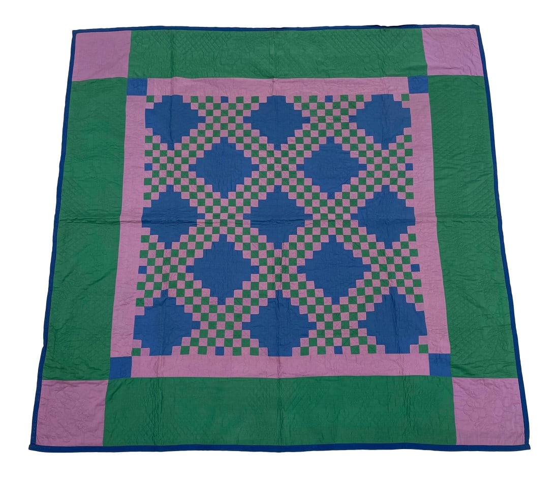 1940s Vintage American Triple Irish Chain Quilt: Gorgeous greens and pinks are combined in this terrific American quilt. It is almost a perfect square at 80" x 80". Quilts hung on a wall are the most wonderful art form. This piece is from the