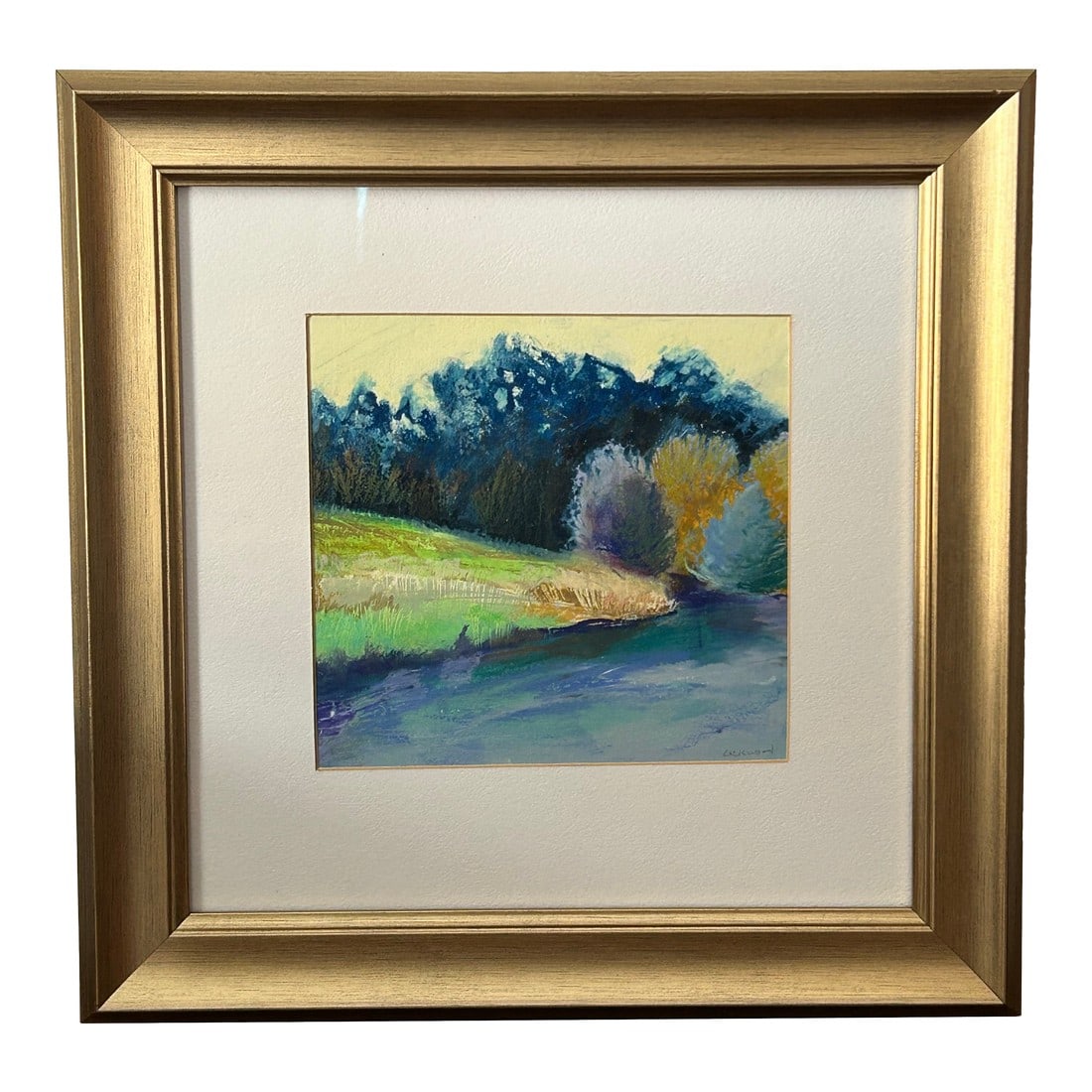 Original Landscape Painting by Sue Lockwood – "Kellogg Forest" – Oil Pastel Artwork of: Original Landscape Painting by Sue Lockwood – "Kellogg Forest" – Oil Pastel Artwork of Trees & Water This is an original landscape painting titled "Kellogg Forest" by artist Sue