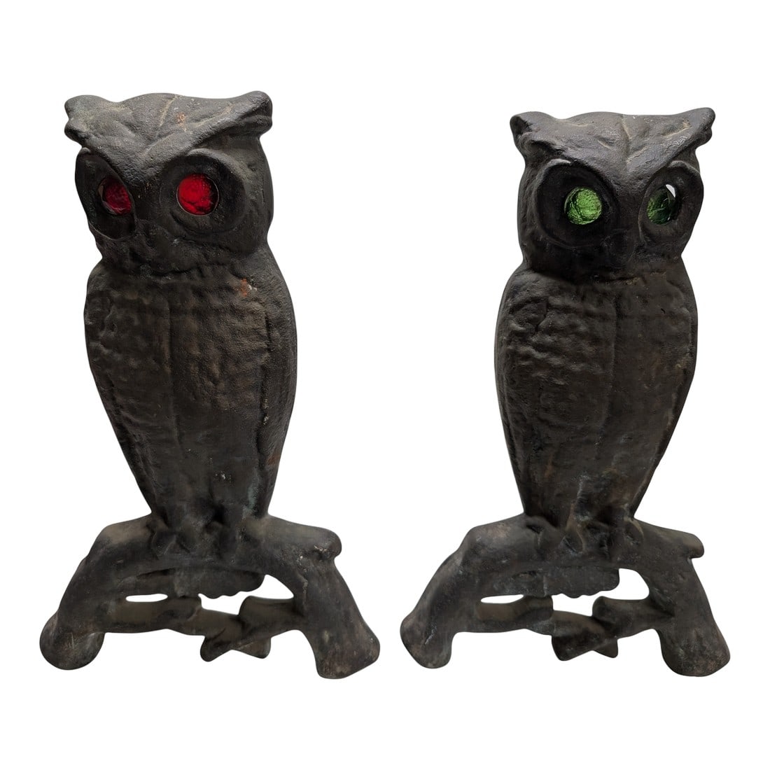 Antique Owl Cast Iron Fireplace Andirons: Wonderful pair of Andirons in the form of Owls. One with red eyes, the other green Condition: Alterations: Original Condition Unaltered Imperfections: Some Imperfections Condition Notes: Excellent