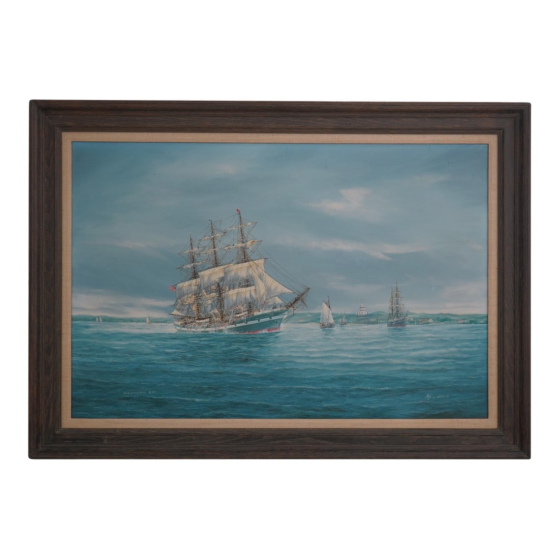 Vintage Tall Sailing Ships Oil Painting on Canvas of Chesapeake Bay Signed (1 of 12)