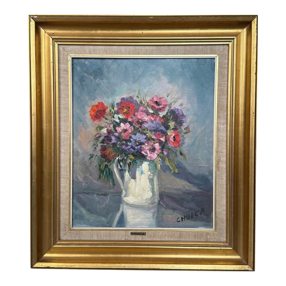 20th Century Oil on Canvas Spanish Flowers Painting, signed by Chueca: Spanish painting from the early 20th century. Acrylic artwork on canvas depicting still life, vase with flowers, of good pictorial quality. Frame from the second half of the 20th century, in wood and