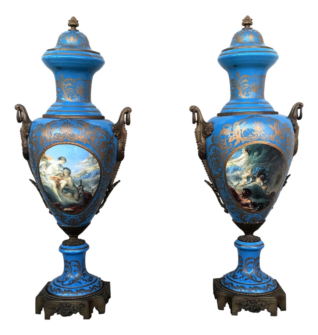 Pair of Large Antiques French Ormolu-Mounted & Painted Pair of Sèvres Porcelain: A pair of large 19th century French Sevres ormolu-mounted and painted vases. Each in baluster form with large ormolu mounts. The body finely painted depicting a typical landscape. The reverse painted