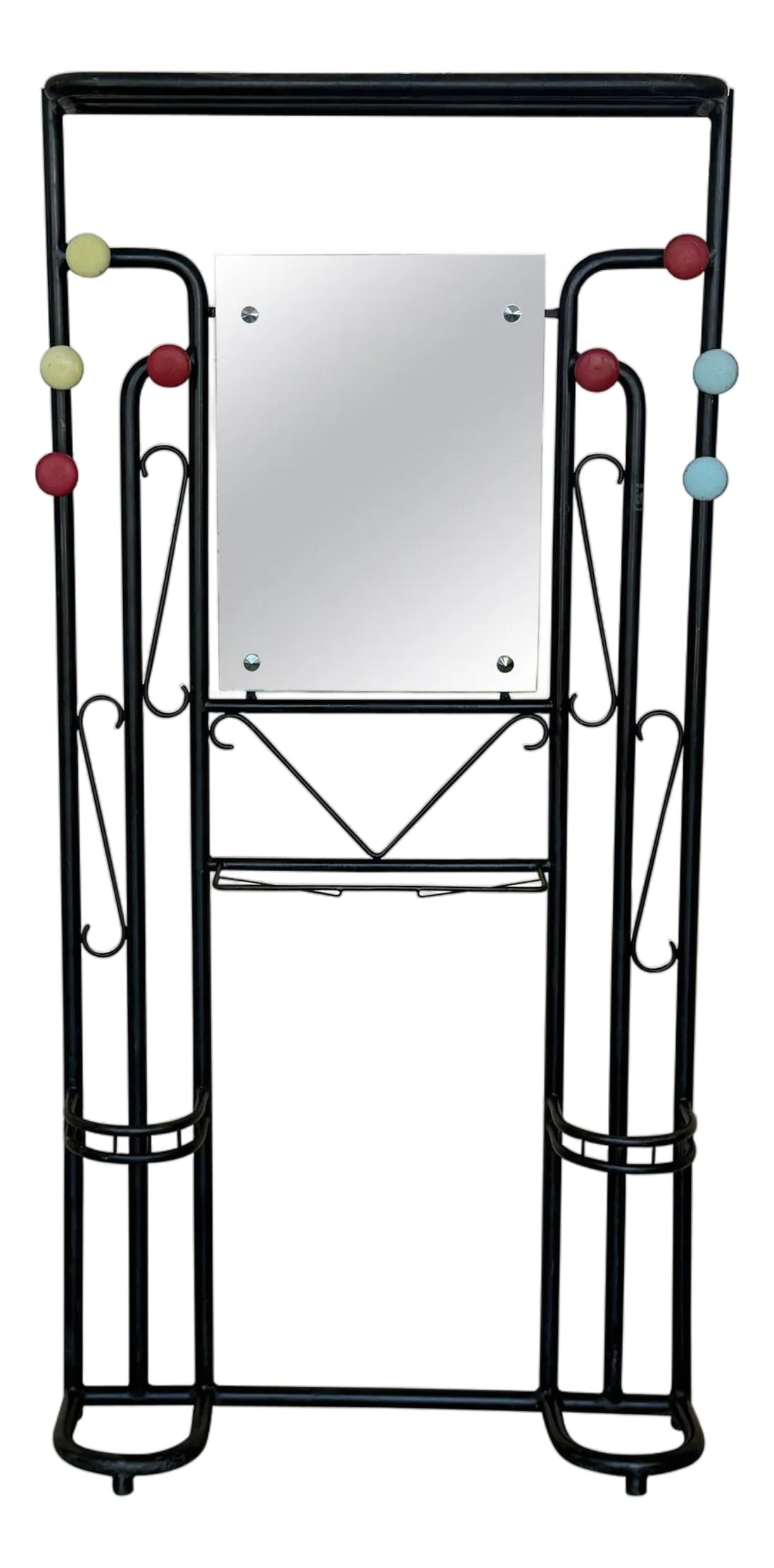 Black Wardrobe-Style Art Deco Hall Stand in Iron, France 1940s: Bring the sophistication of a 1940s Paris apartment into your home with this authentic Art Deco hall stand, a statement piece that balances architectural elegance with everyday practicality. Whether y