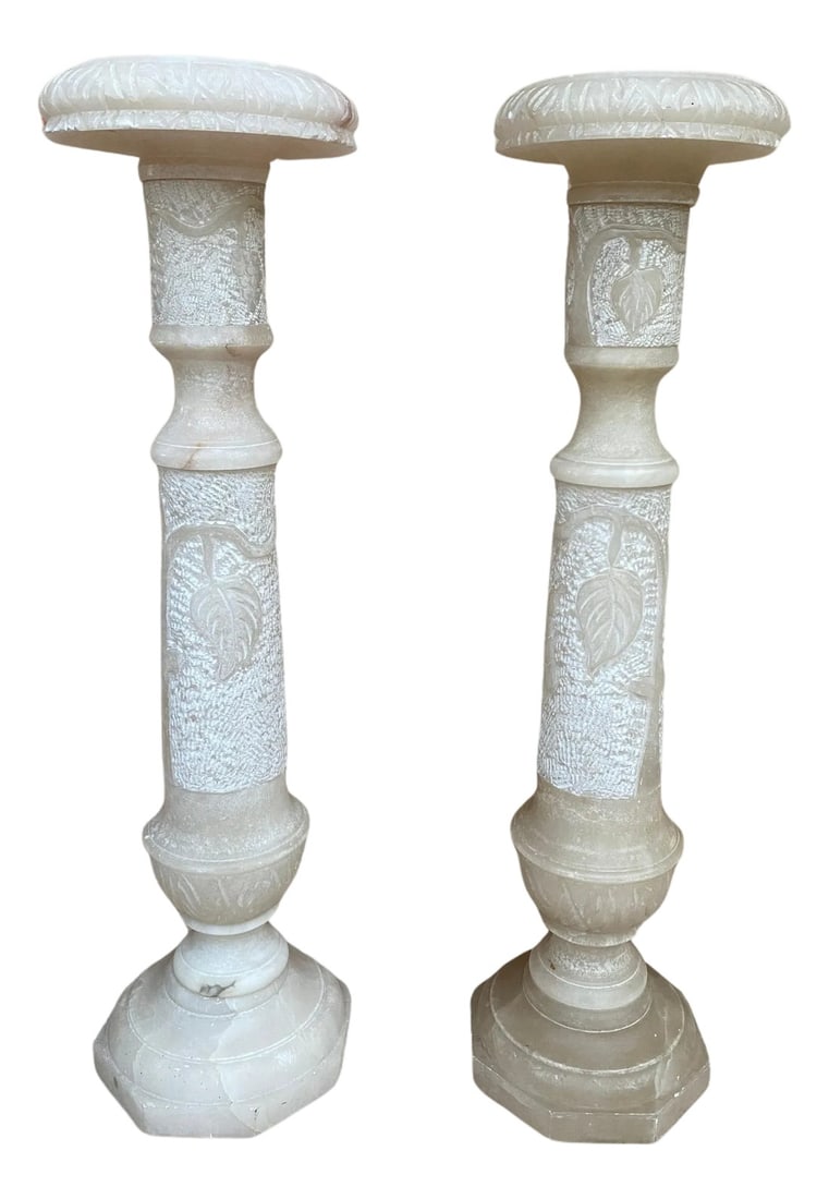 Italian Empire Carved Carrara Marble Pedestal Tables, 1890s, Set of 2: Elegant table with pedestal, support and column in Carrara marble from France, manufactured around 1920. Hand carved with attention to detail and Greek key decoration. This will be a perfect stand for
