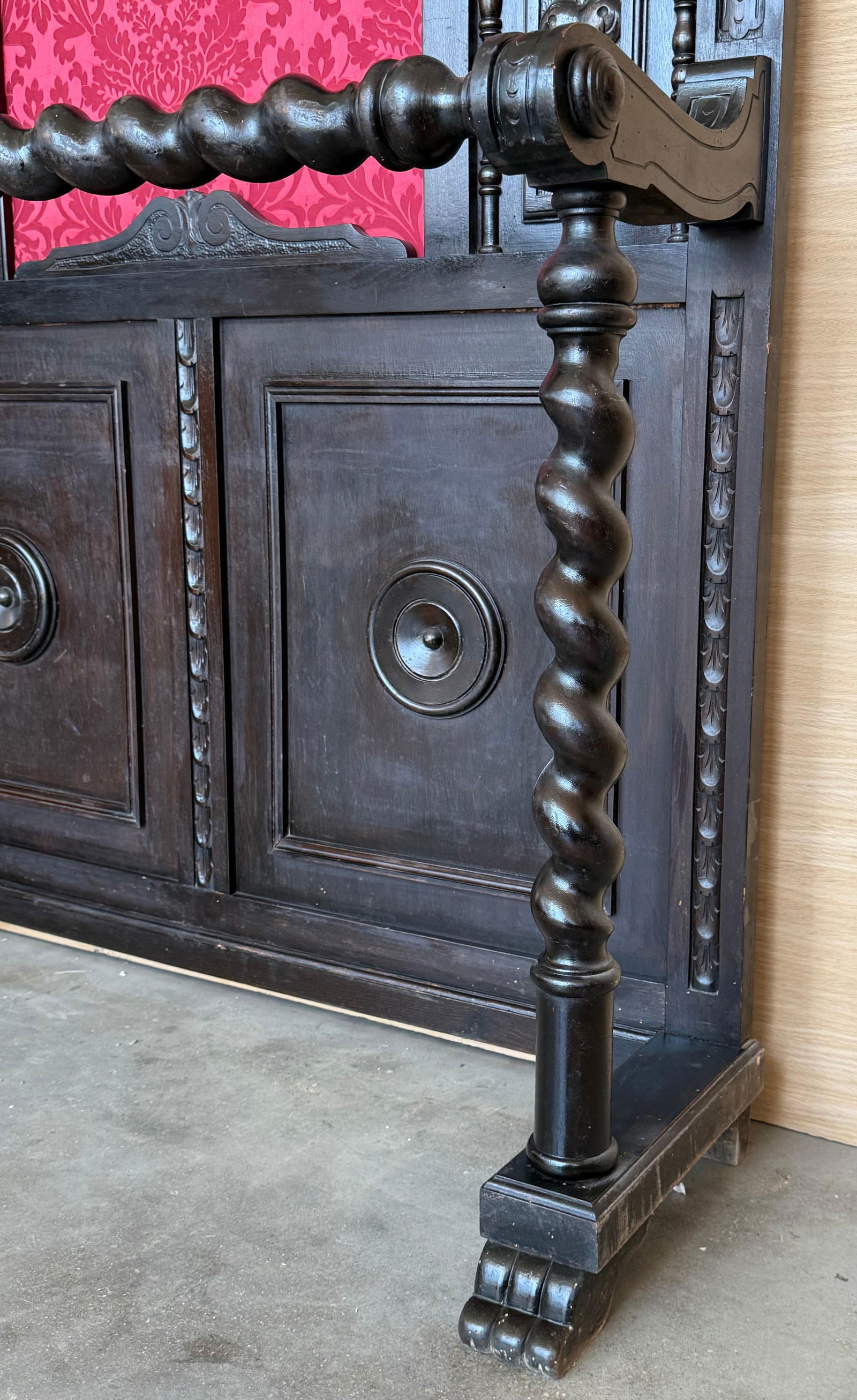 19th Large Carved Spanish Solid Walnut Coat Rack Stand with Red Damask Back - 11