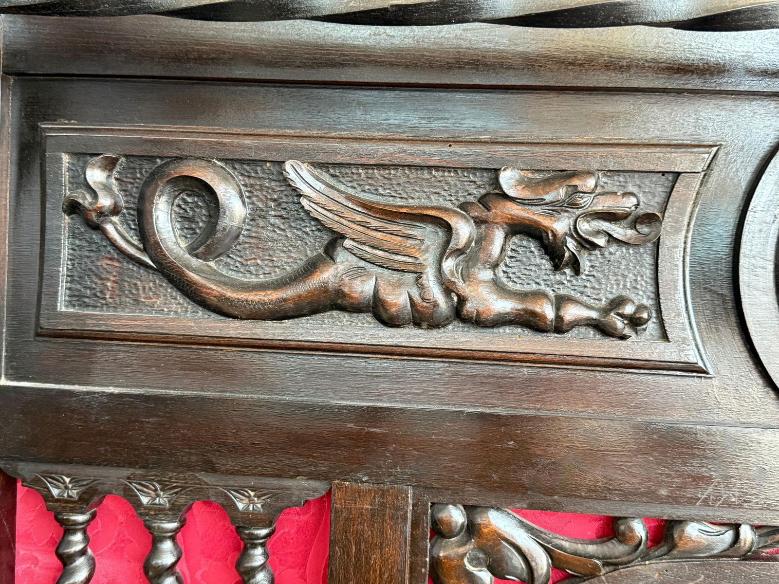 19th Large Carved Spanish Solid Walnut Coat Rack Stand with Red Damask Back - 13