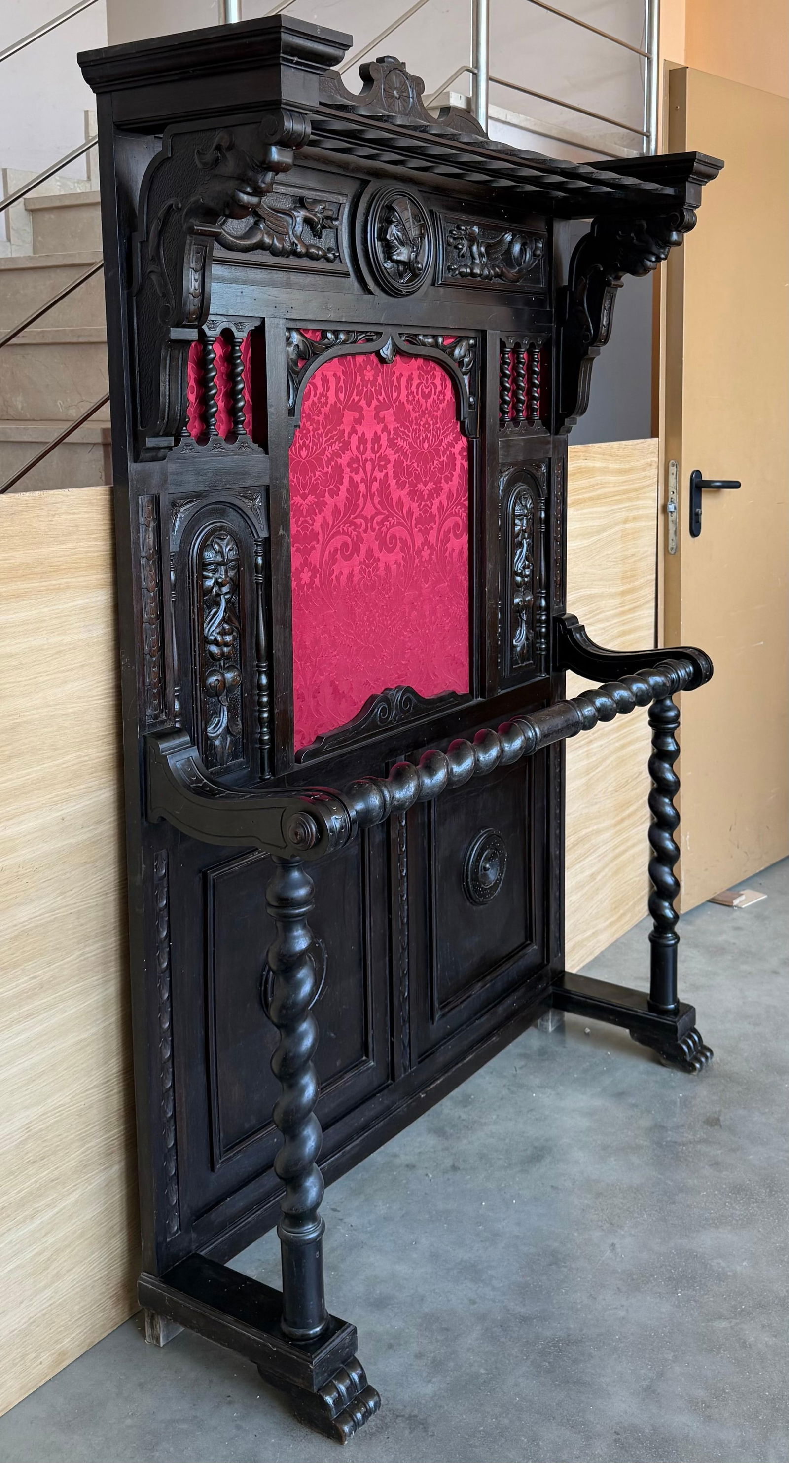 19th Large Carved Spanish Solid Walnut Coat Rack Stand with Red Damask Back - 16