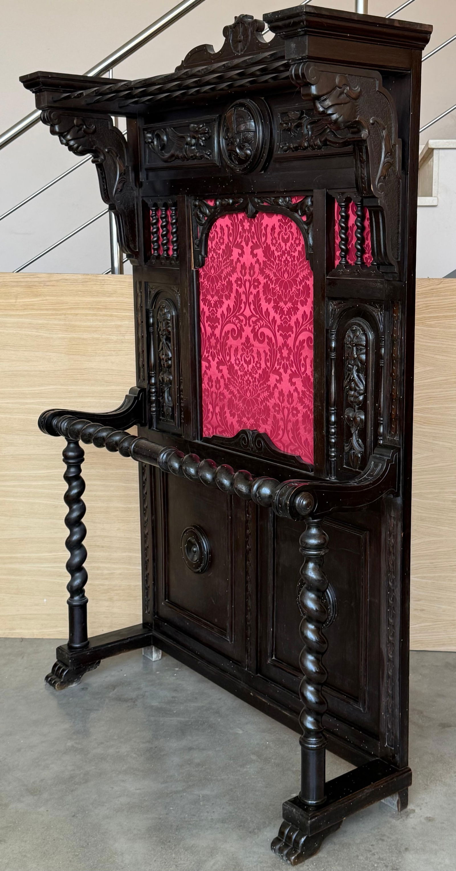 19th Large Carved Spanish Solid Walnut Coat Rack Stand with Red Damask Back - 17