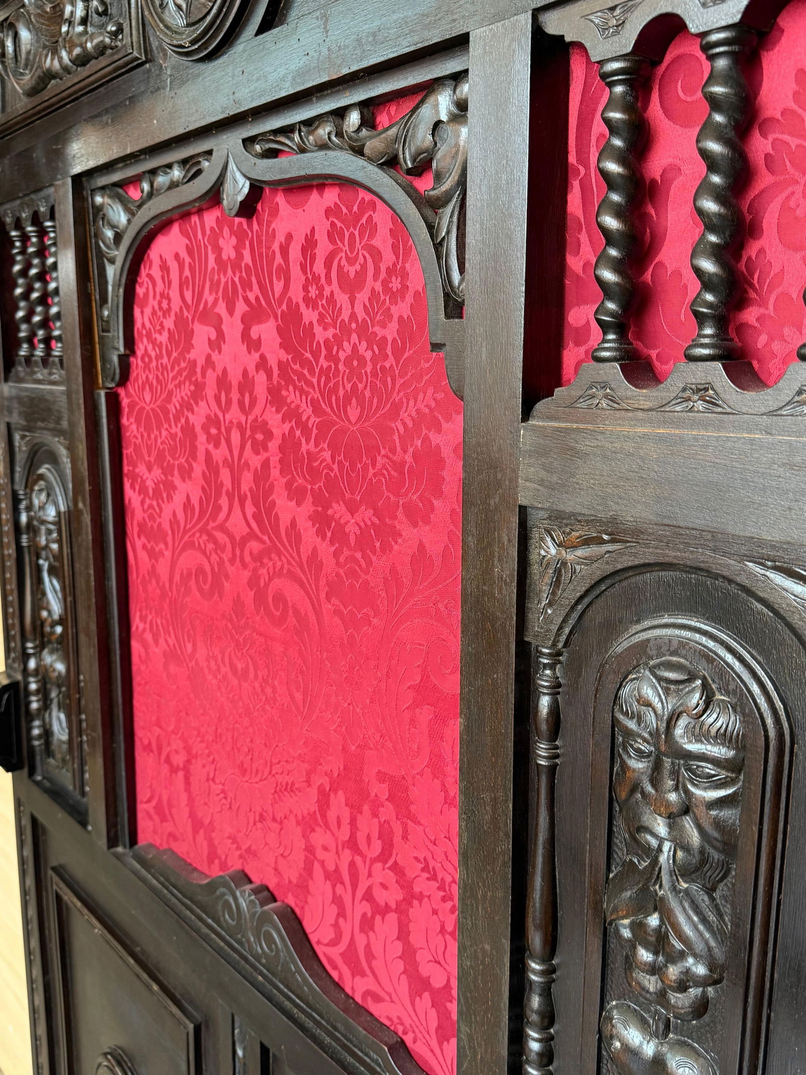 19th Large Carved Spanish Solid Walnut Coat Rack Stand with Red Damask Back - 18