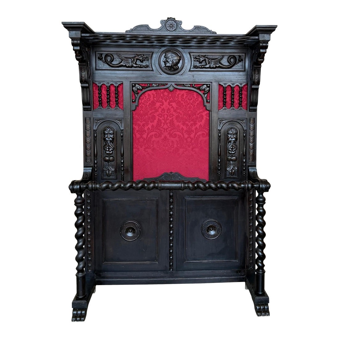 19th Large Carved Spanish Solid Walnut Coat Rack Stand with Red Damask Back: Large carved Spanish solid walnut coat rack stand has all of the original hardware which is heavy cast iron and has been polished and lacquered for easy maintenance. The top half is profusely carved w