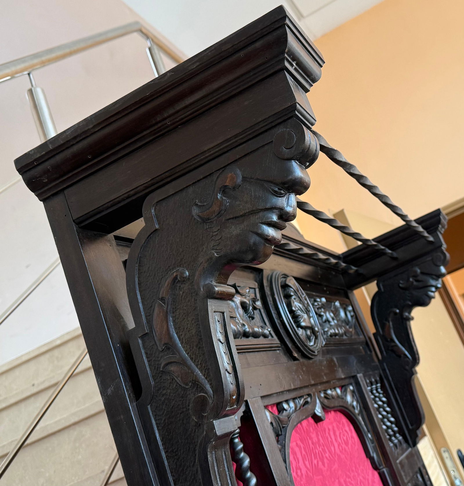 19th Large Carved Spanish Solid Walnut Coat Rack Stand with Red Damask Back - 3