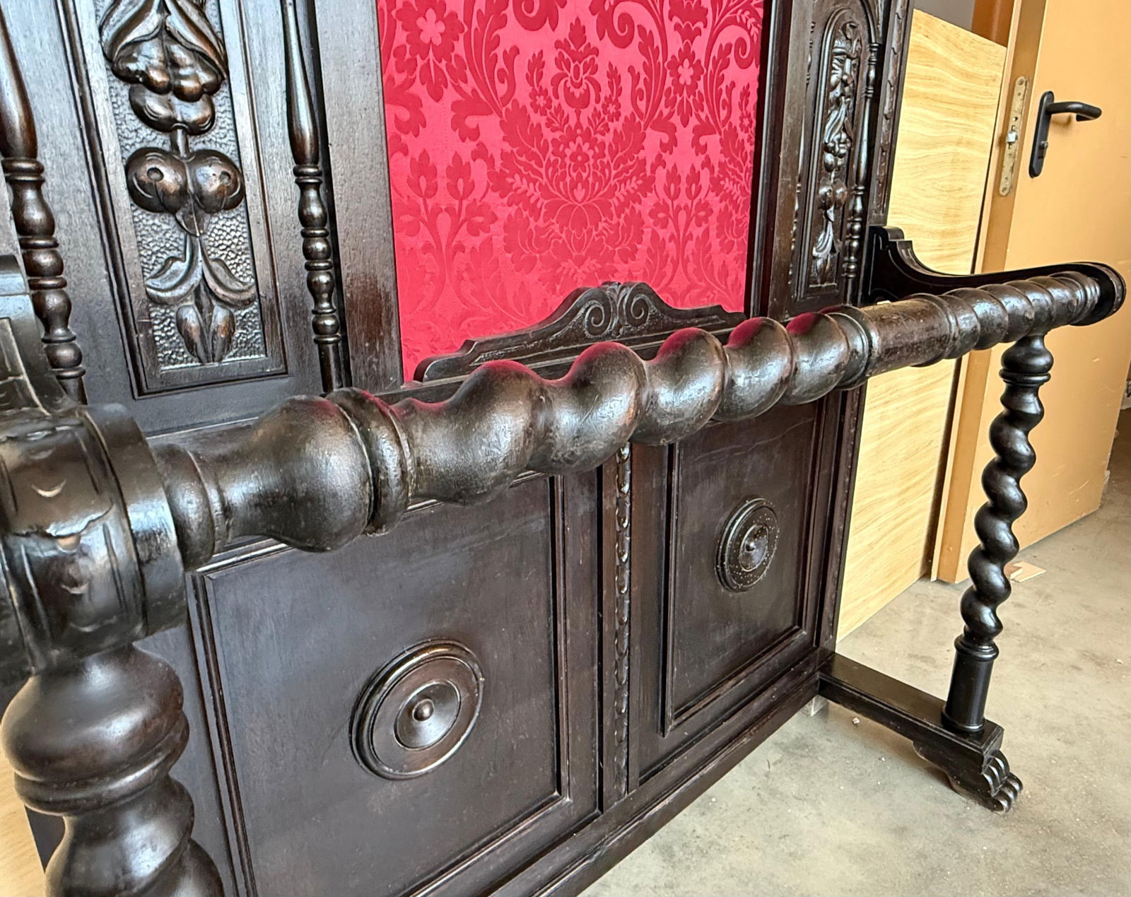 19th Large Carved Spanish Solid Walnut Coat Rack Stand with Red Damask Back - 5
