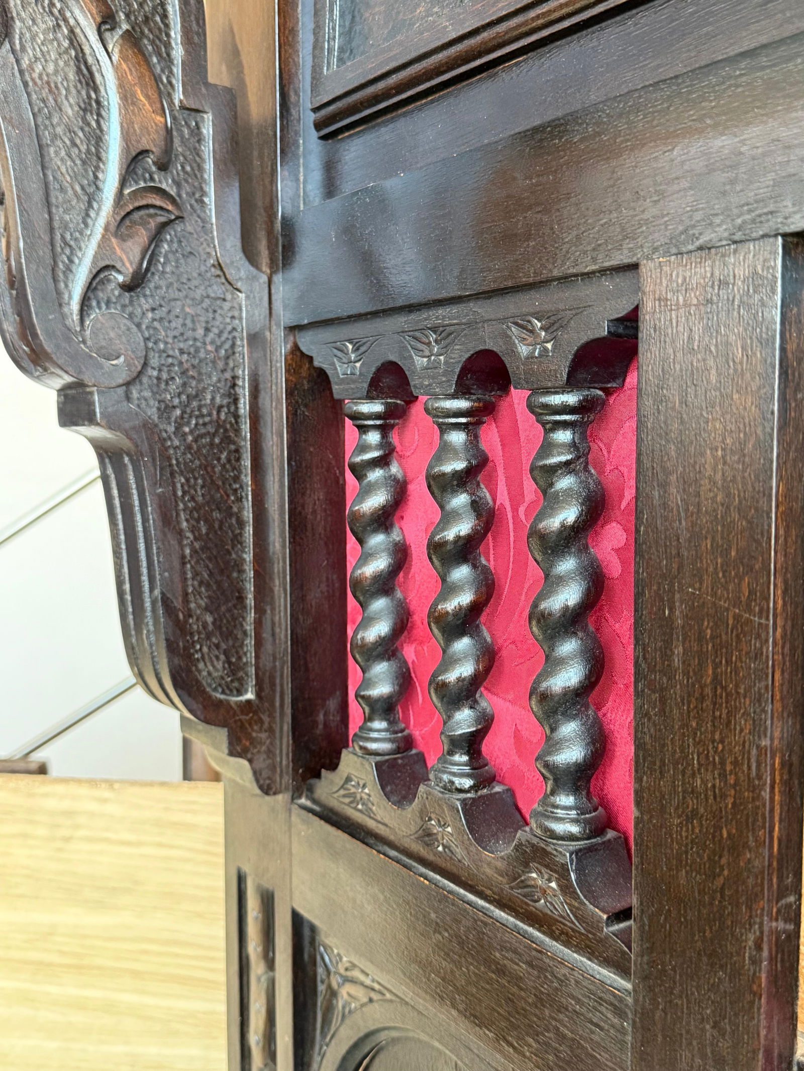 19th Large Carved Spanish Solid Walnut Coat Rack Stand with Red Damask Back - 7