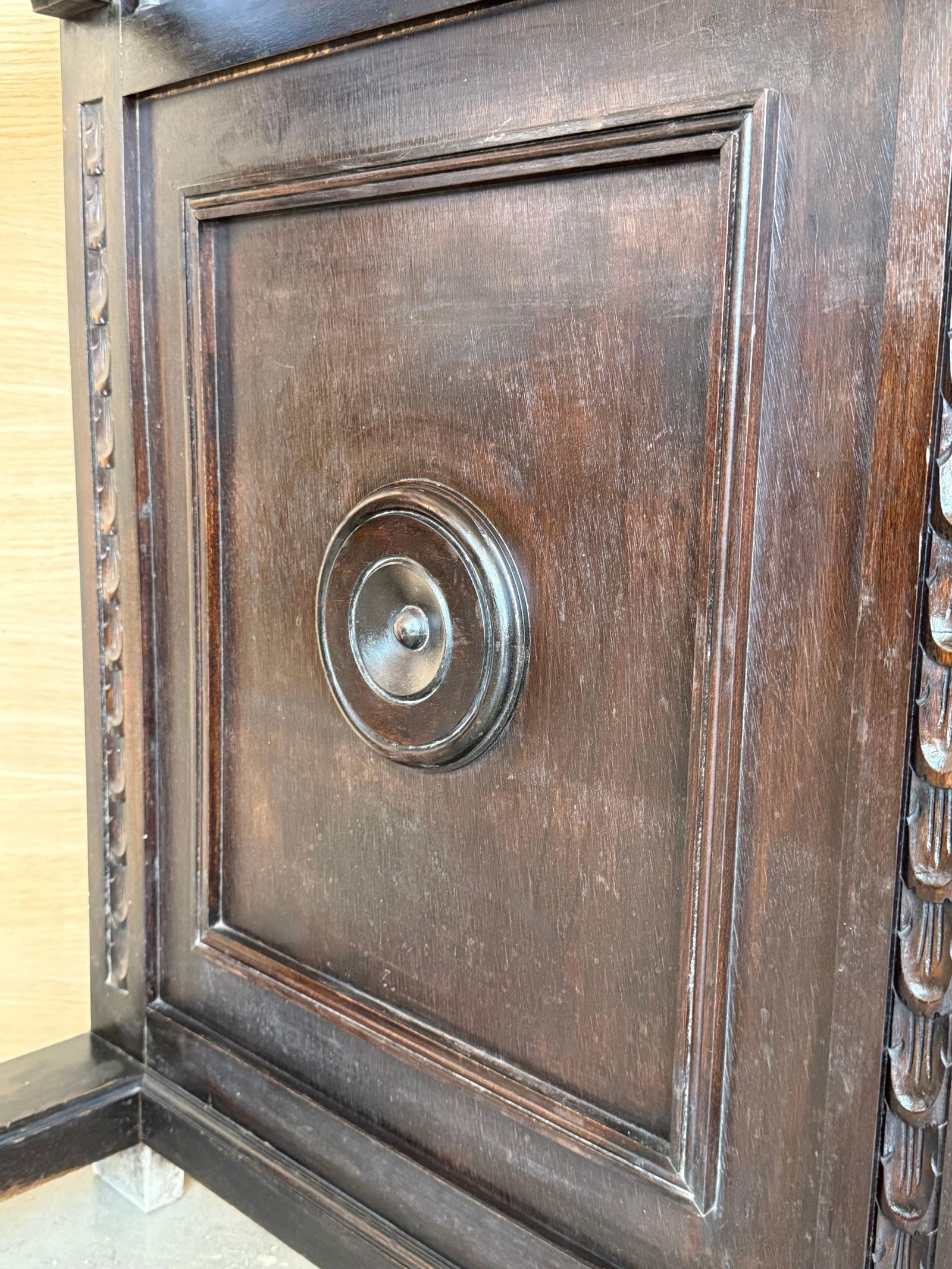 19th Large Carved Spanish Solid Walnut Coat Rack Stand with Red Damask Back - 9