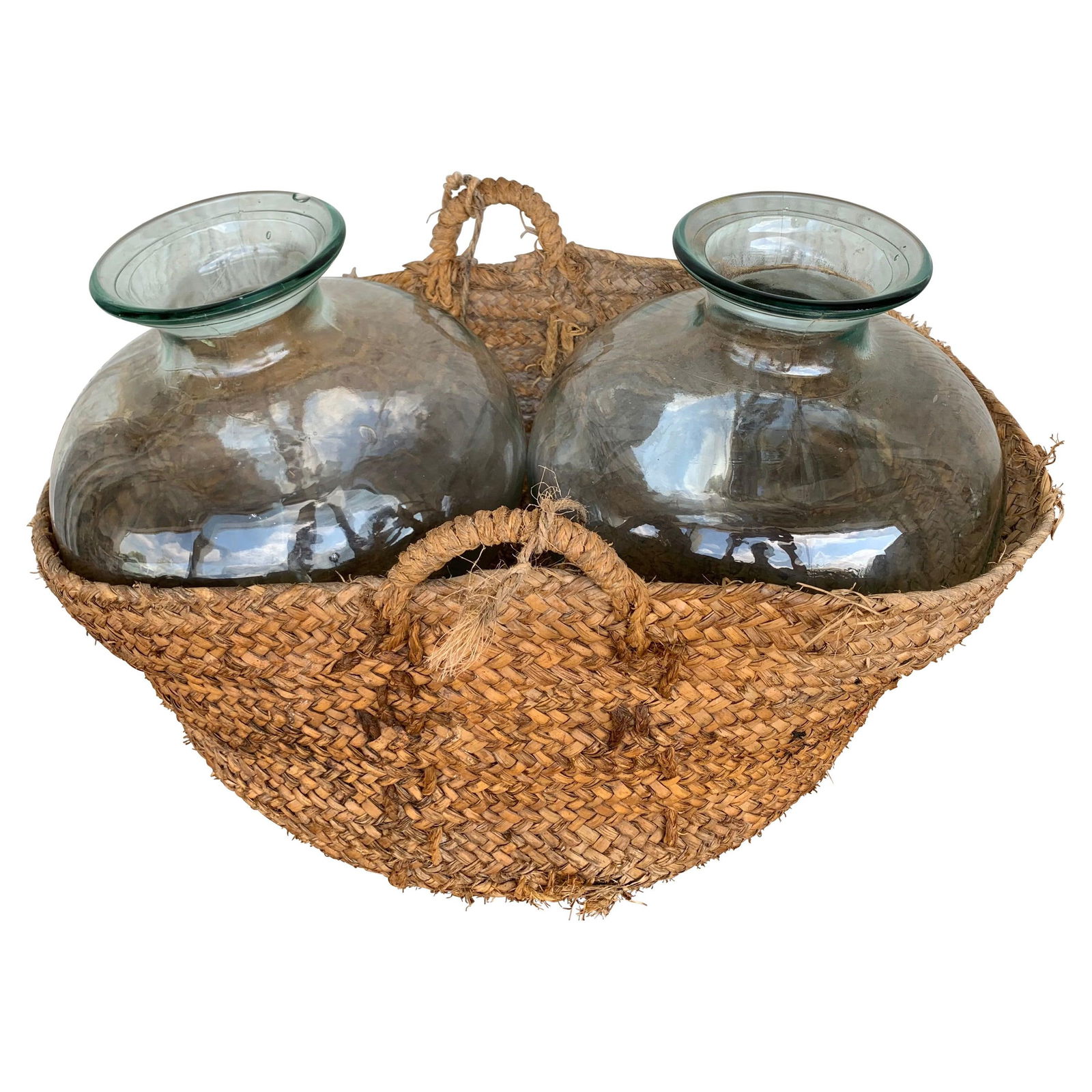 Late 19th Century Set of 2 Green Glass French Demijohn Bottles with Woven Esparto Basket - 15