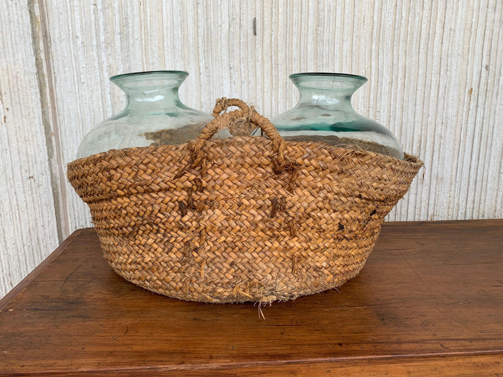 Late 19th Century Set of 2 Green Glass French Demijohn Bottles with Woven Esparto Basket - 17