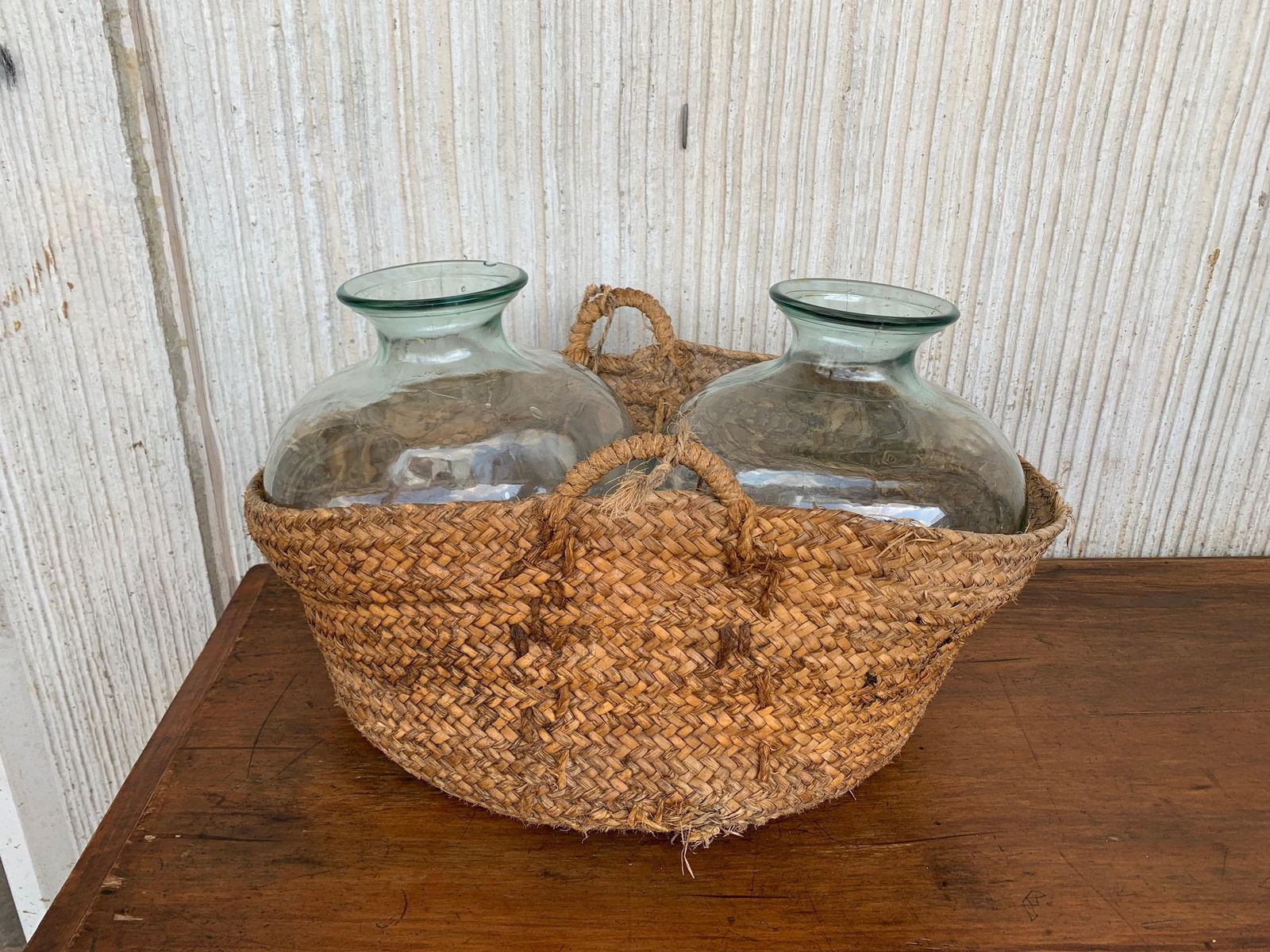 Late 19th Century Set of 2 Green Glass French Demijohn Bottles with Woven Esparto Basket - 18