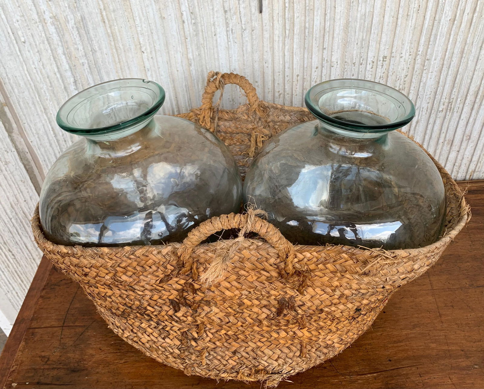 Late 19th Century Set of 2 Green Glass French Demijohn Bottles with Woven Esparto Basket - 3