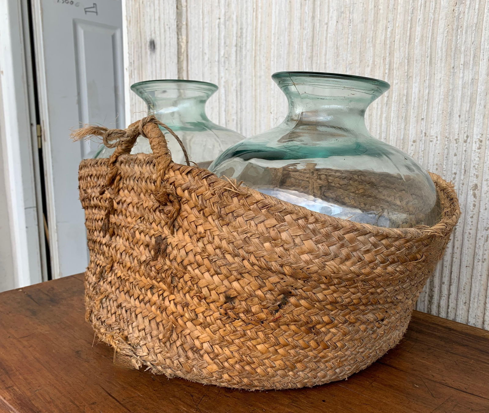 Late 19th Century Set of 2 Green Glass French Demijohn Bottles with Woven Esparto Basket - 4
