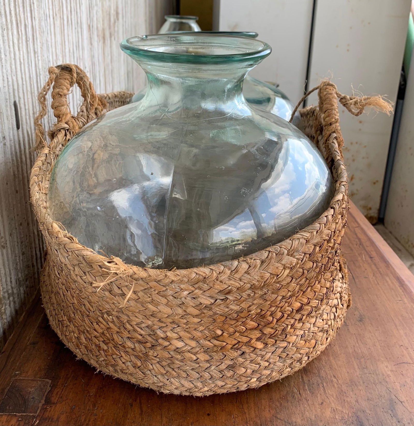 Late 19th Century Set of 2 Green Glass French Demijohn Bottles with Woven Esparto Basket - 6