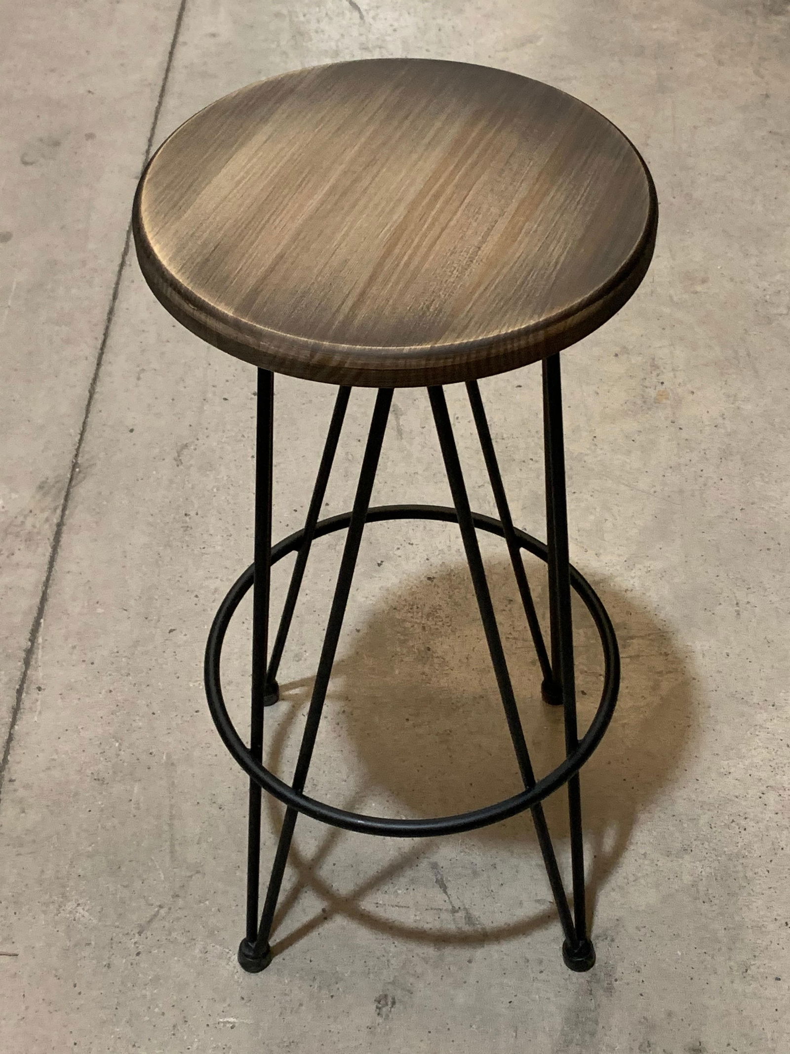 New Industrial Wrought Iron Shop Stool with Wood Seat - 5