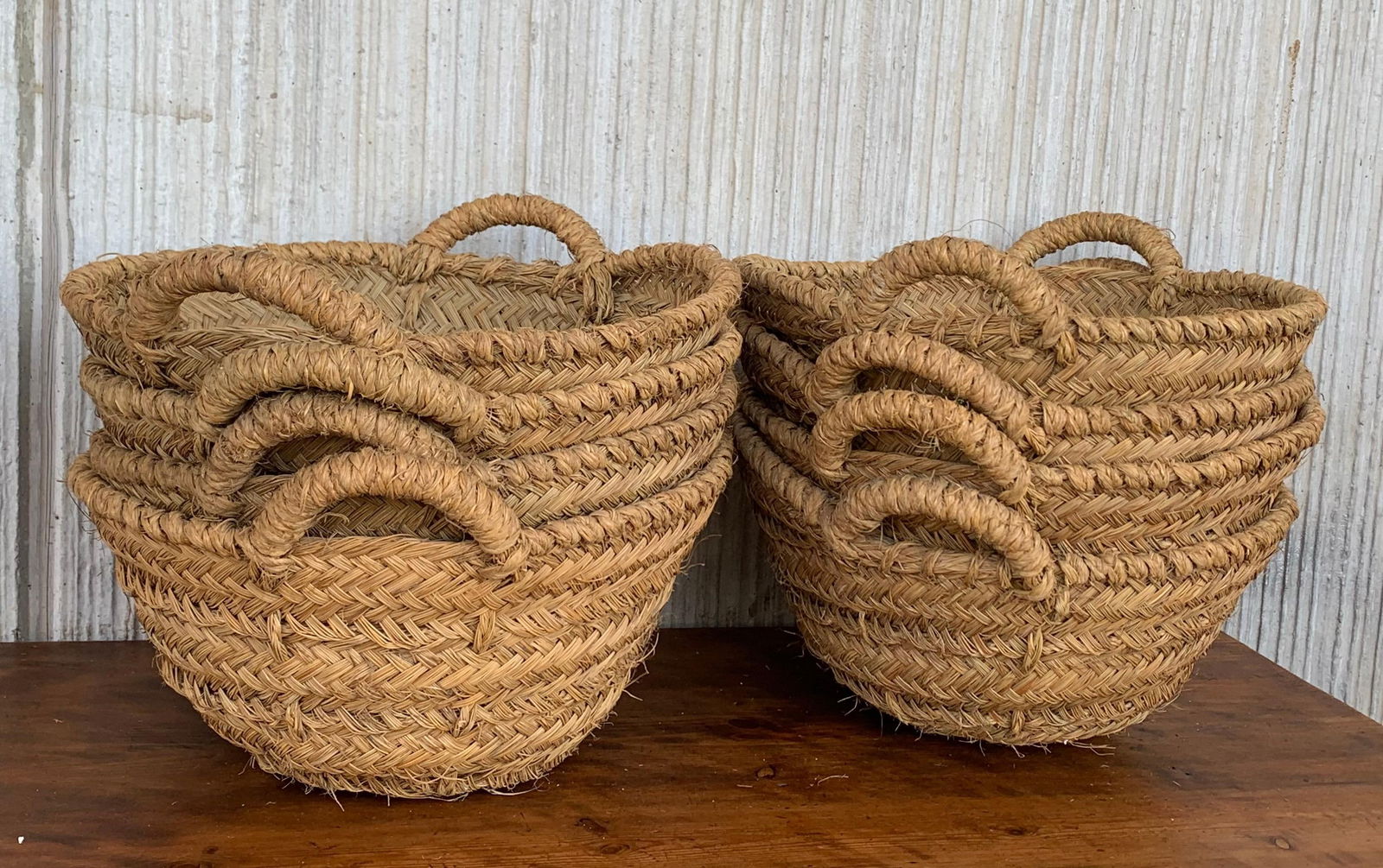 Late 19th Century Set of 8 Spanish Woven Wicker Olive Grape Harvest Basket - 18