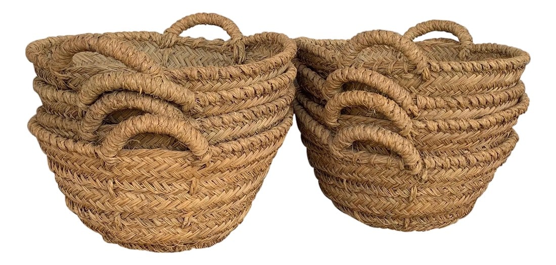 Late 19th Century Set of 8 Spanish Woven Wicker Olive Grape Harvest Basket: Rustic Spanish chateau champagne grape harvesting basket constructed from woven wicker reeds. Features a thick braided top with handles on each end Perfect for decorating and display. We have