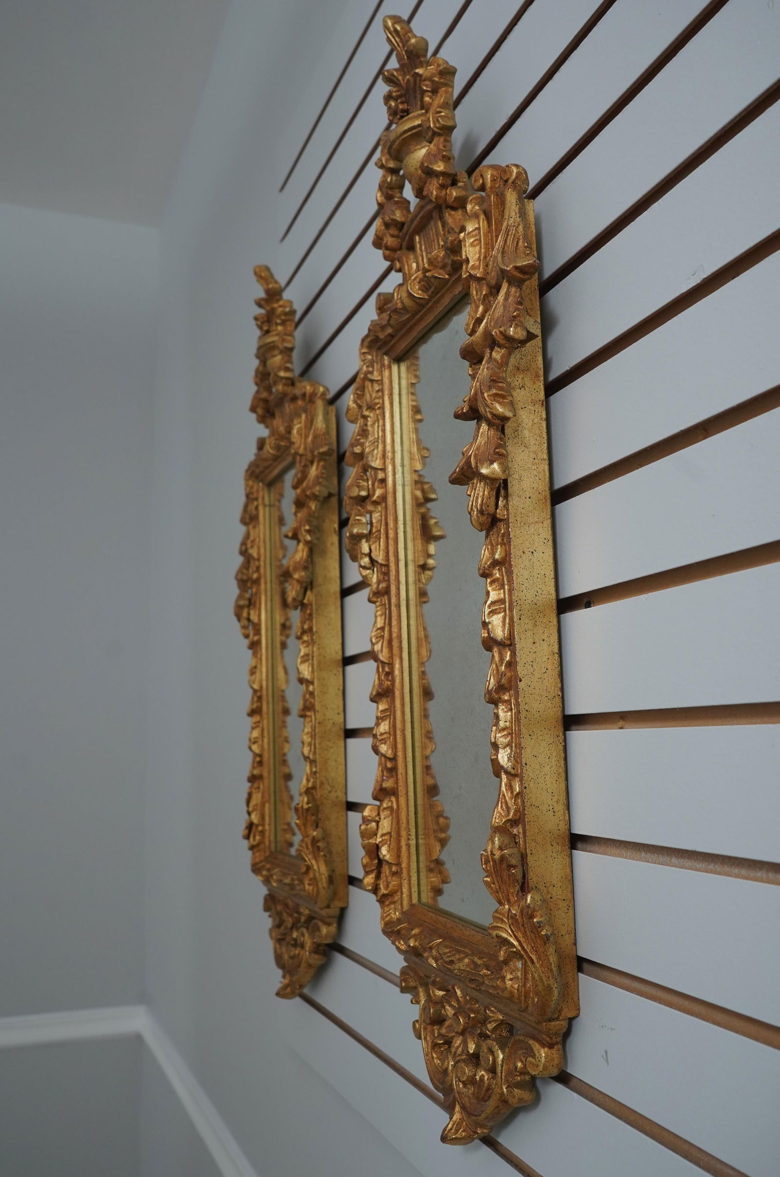 Pair Italian Gilt Wood Gold Finish Decorative Wall Mirrors - 2