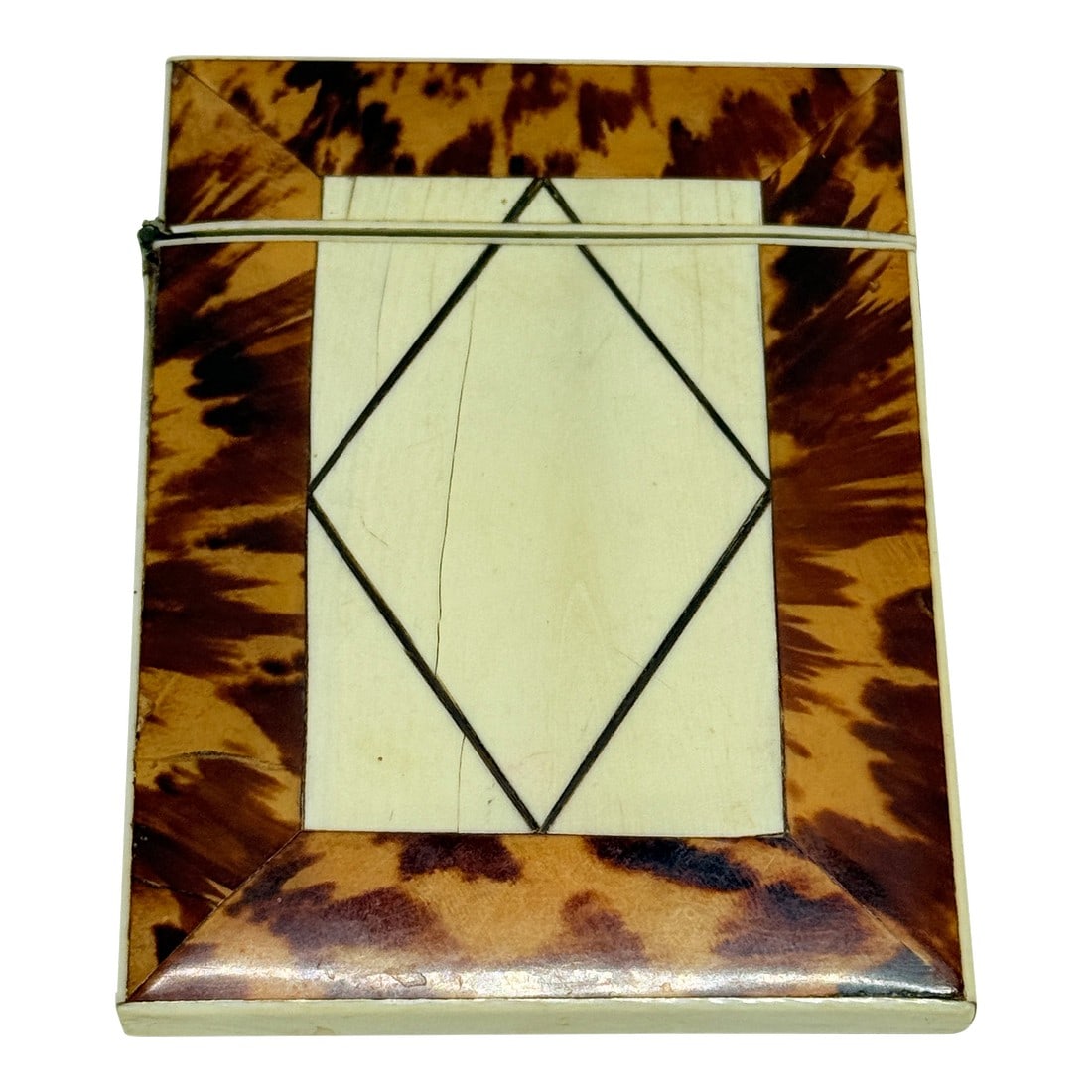 Anglo-European Faux Tortoiseshell and Bone Card Case With Geometric Panel C 1830: This refined folding card case is of rectilinear form and constructed with an exterior veneered in richly figured tortoiseshell, framed by narrow linear inlays that emphasize its architectural