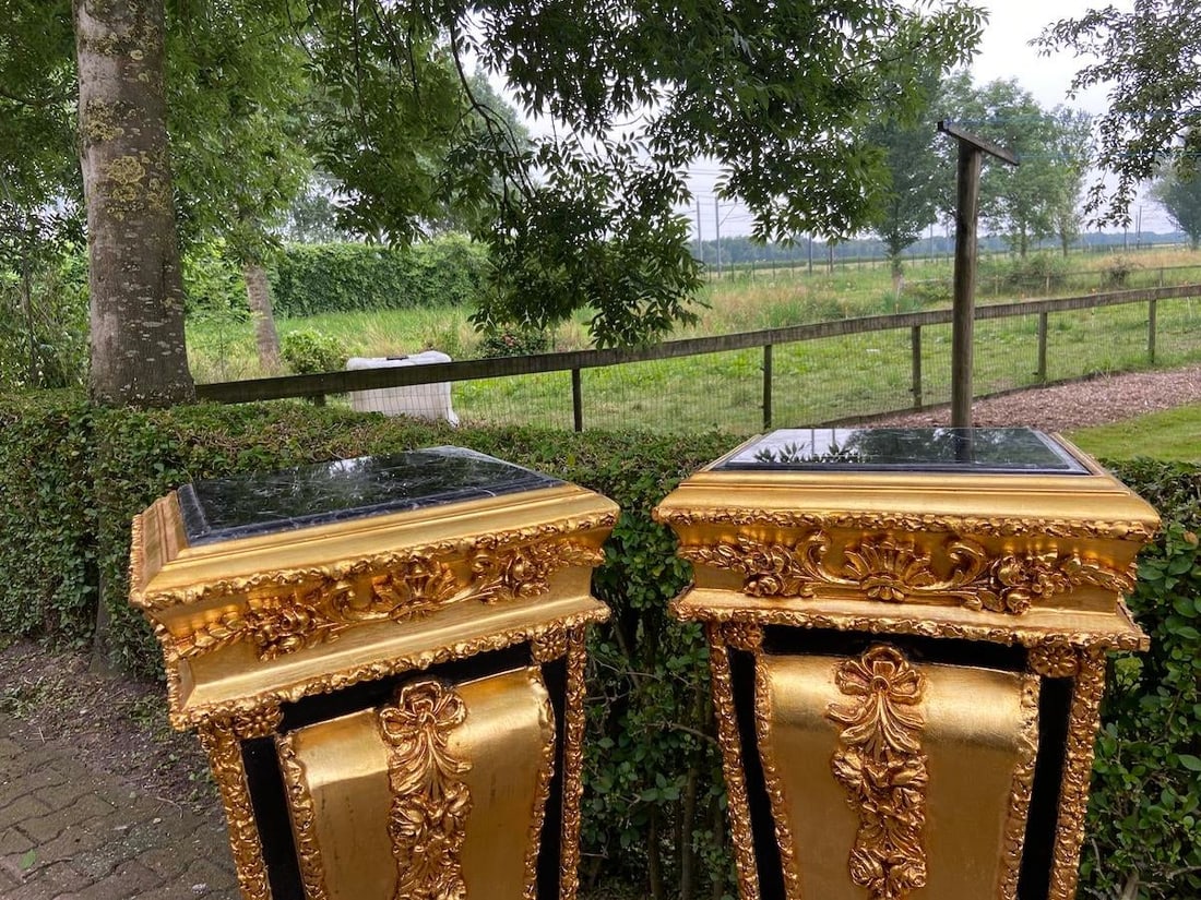 1980 French Louis XVI Gold Black Beech Marble Pedestals Pair - 10