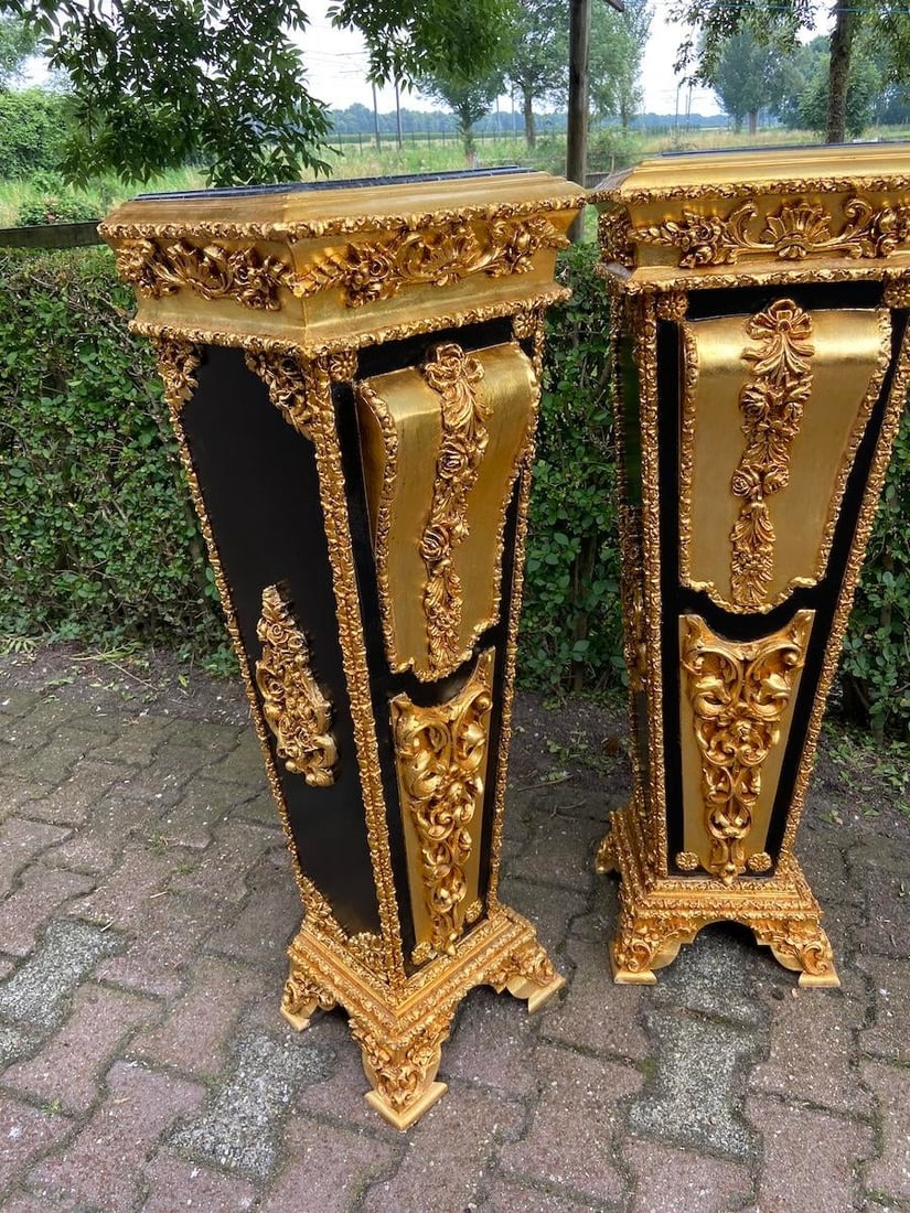 1980 French Louis XVI Gold Black Beech Marble Pedestals Pair - 11