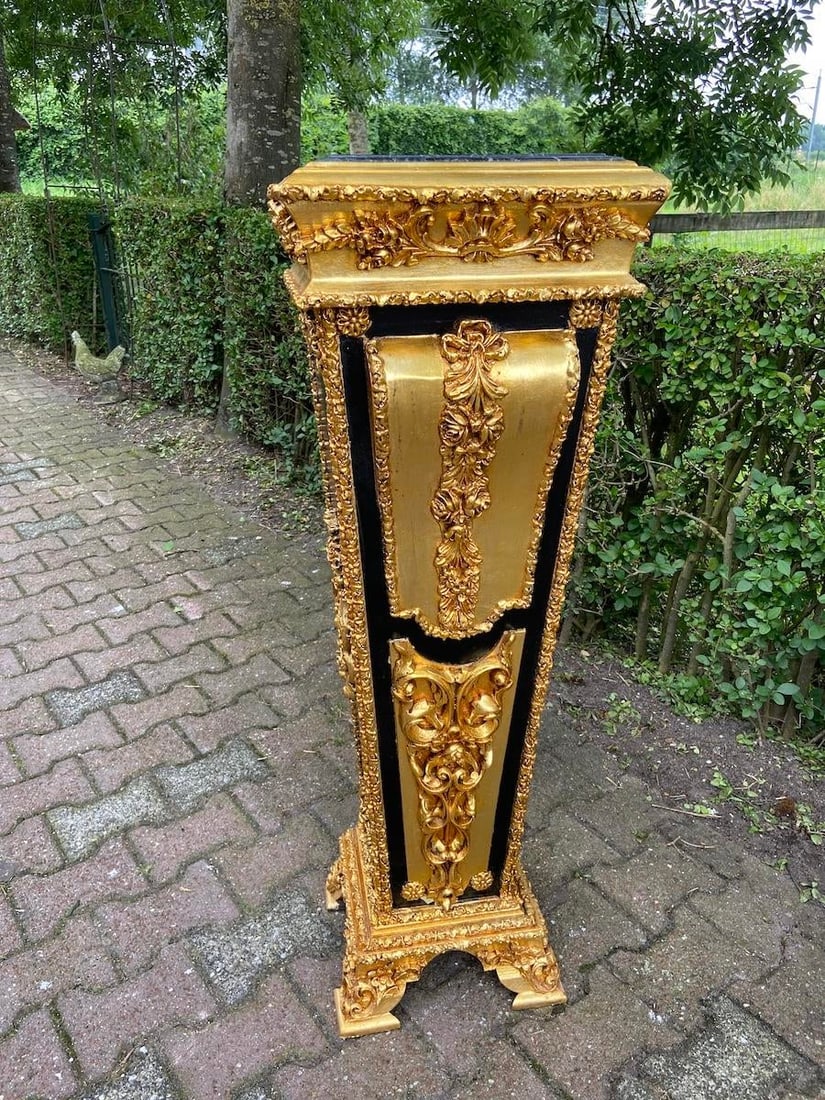 1980 French Louis XVI Gold Black Beech Marble Pedestals Pair - 12