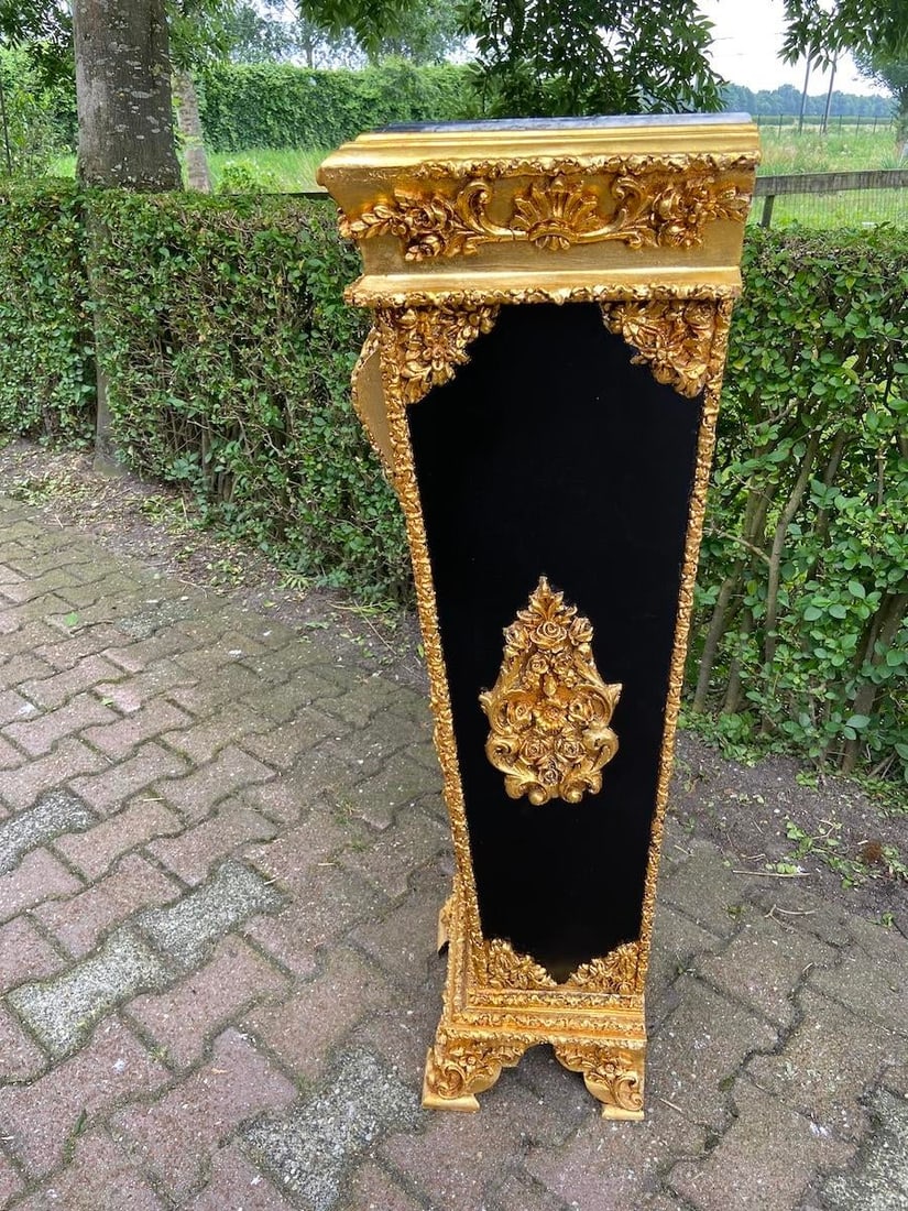 1980 French Louis XVI Gold Black Beech Marble Pedestals Pair - 14