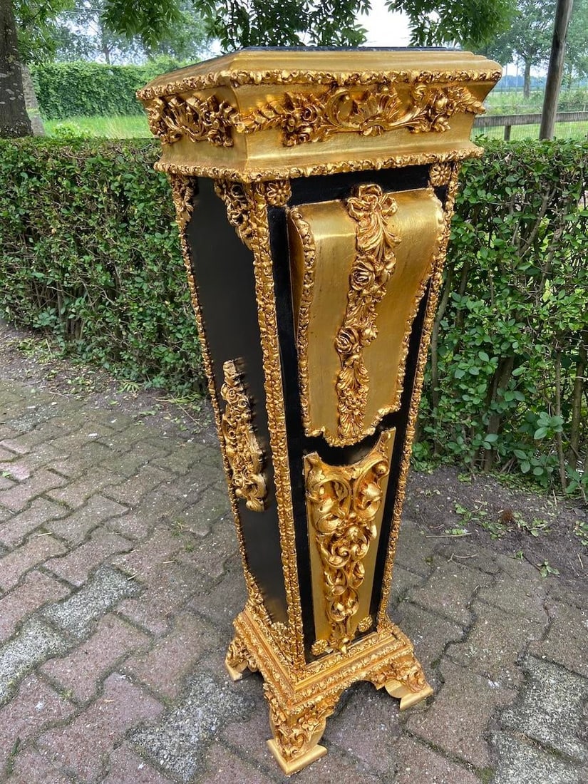 1980 French Louis XVI Gold Black Beech Marble Pedestals Pair - 15