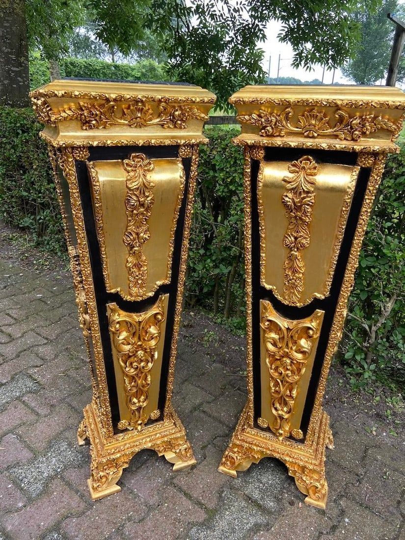 1980 French Louis XVI Gold Black Beech Marble Pedestals Pair - 16