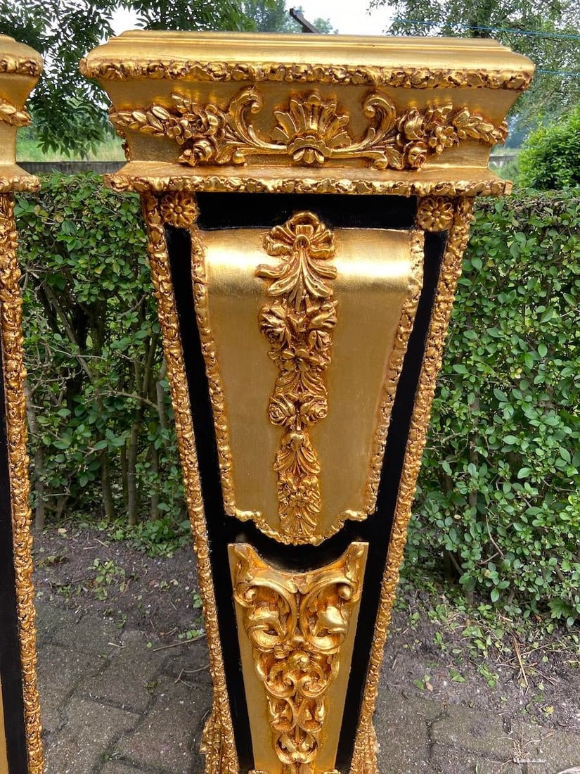 1980 French Louis XVI Gold Black Beech Marble Pedestals Pair - 2