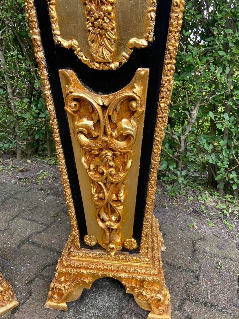 1980 French Louis XVI Gold Black Beech Marble Pedestals Pair - 4