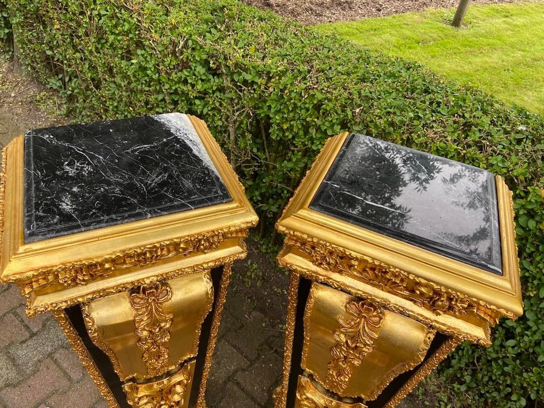 1980 French Louis XVI Gold Black Beech Marble Pedestals Pair - 5