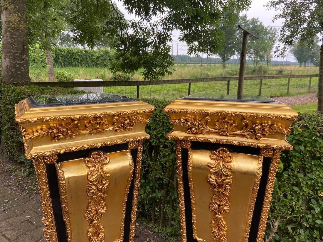 1980 French Louis XVI Gold Black Beech Marble Pedestals Pair - 6