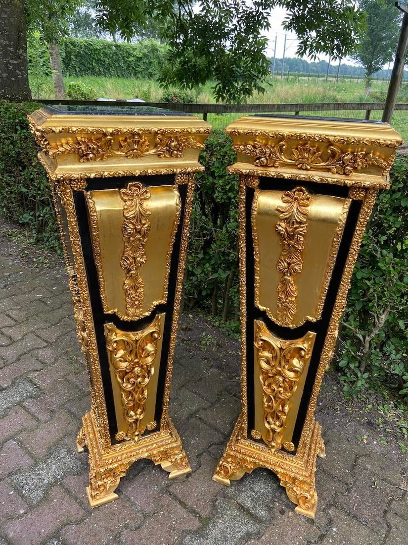 1980 French Louis XVI Gold Black Beech Marble Pedestals Pair - 7