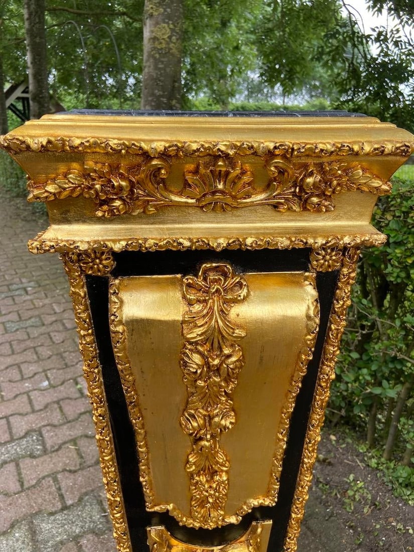 1980 French Louis XVI Gold Black Beech Marble Pedestals Pair - 8