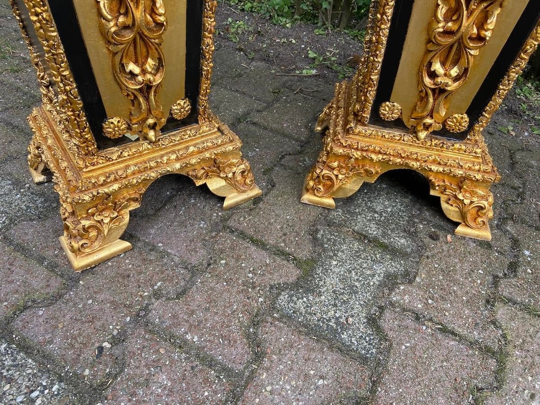 1980 French Louis XVI Gold Black Beech Marble Pedestals Pair - 9