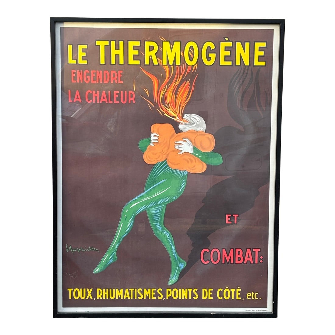 Le Thermogene - Large Original Early 20thy C. Vintage Advertising Poster by Leonetto Cappiello -: An iconic image in the works of vintage posters, from the legendary French-Italian artist Leonetto Cappiello. "Le Thermogene, Engendre la Chaleur et Combat: Toux, Rhumatismes, Points de Cote, etc."