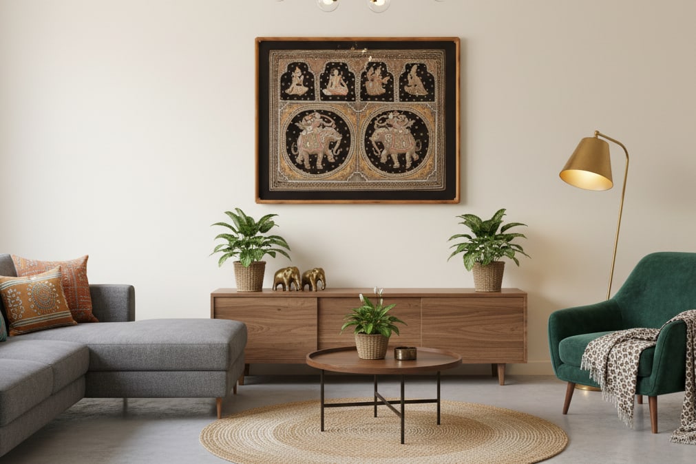 Large Framed Burmese Kalaga Elephants Tapestry - 2