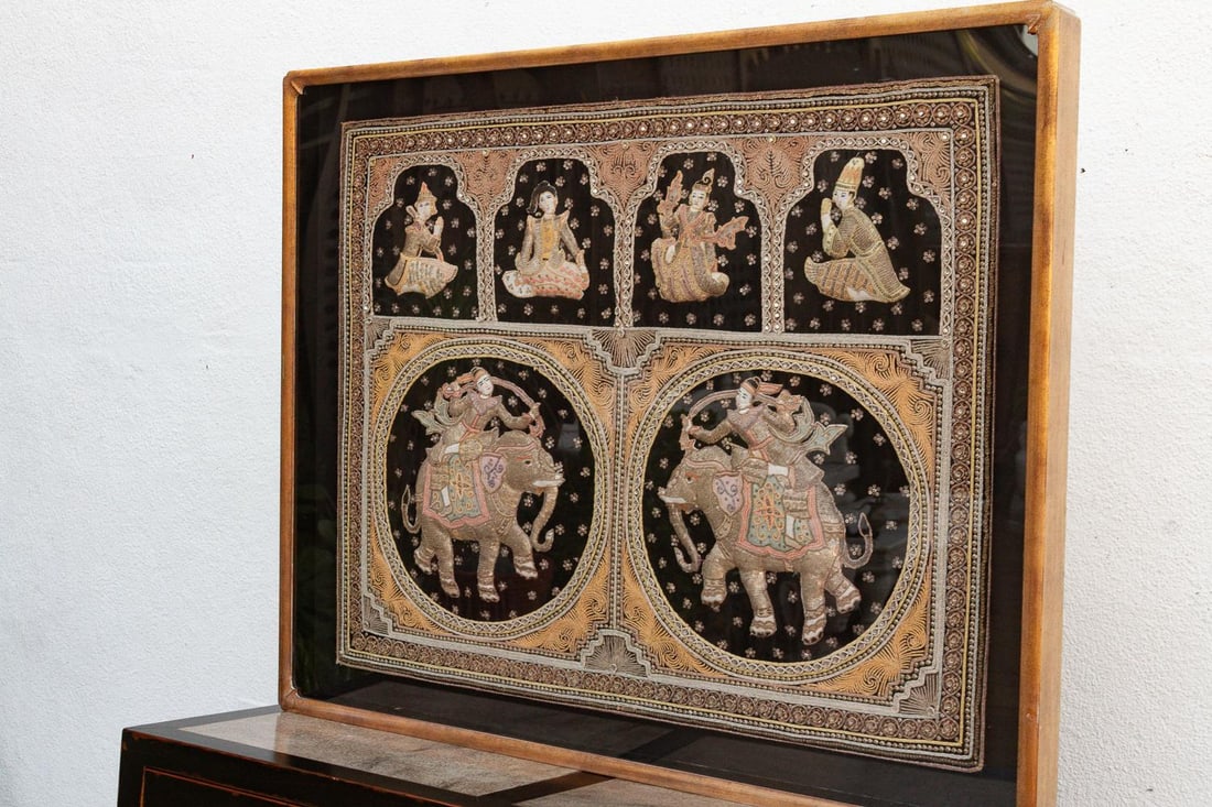 Large Framed Burmese Kalaga Elephants Tapestry - 3