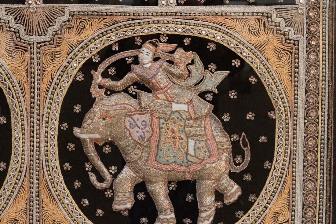 Large Framed Burmese Kalaga Elephants Tapestry - 4