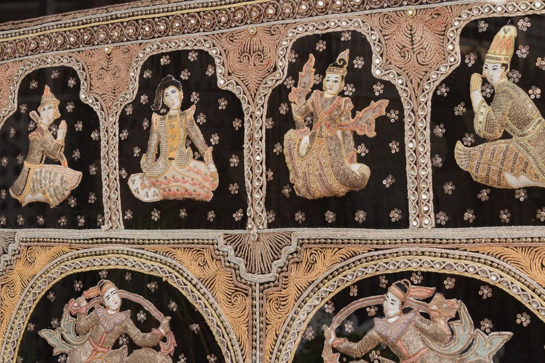 Large Framed Burmese Kalaga Elephants Tapestry - 6