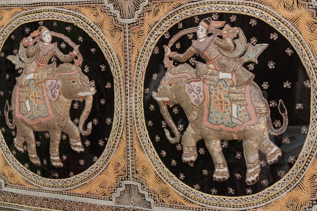 Large Framed Burmese Kalaga Elephants Tapestry - 7