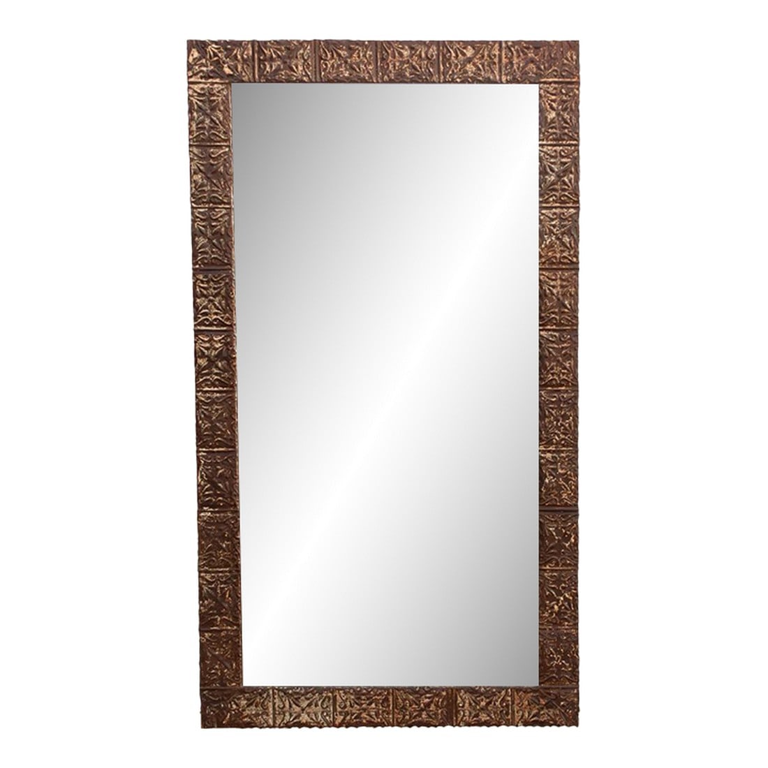 Large Antique Pressed Tin Tile Floor Mirror: A striking example of architectural salvage repurposed as a grand mirror. The wide frame is clad in antique pressed tin tiles"”originally designed for the ceilings of Victorian storefronts featu